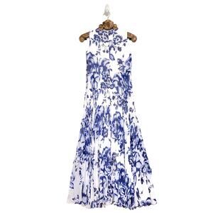 Eliza J Dress White Blue Floral Porcelain Pleated Chiffon Sleeveless Maxi 6P